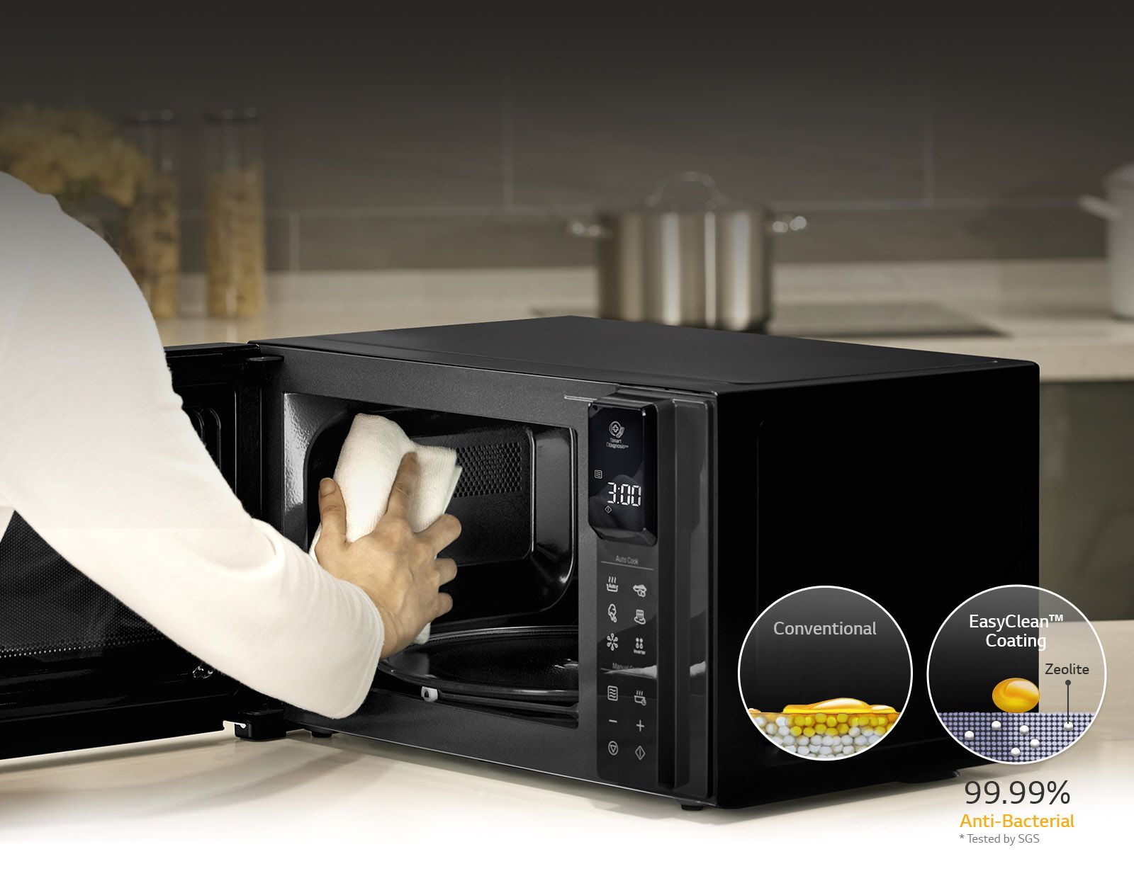 کاسه داخل مایکروویو ال جی MJ3965 کاملا ضد باکتری است و راحت تمیز می شود